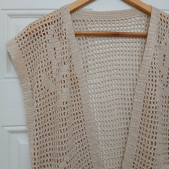 Hand made womens large sand beige open knit vest minimalist art to wear tan - Picture 2 of 4